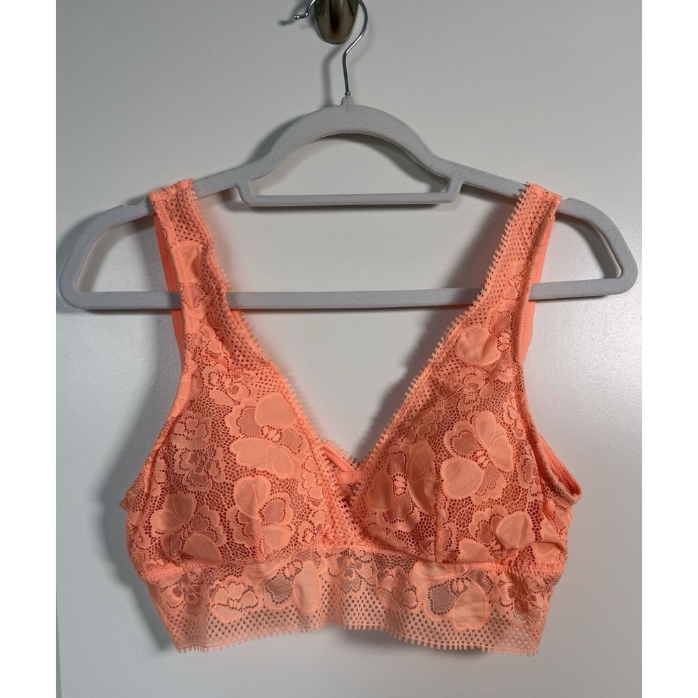Aerie Lace Orange Deep Plunge Pull Over Bralette Wireless Padded Bra Size Large